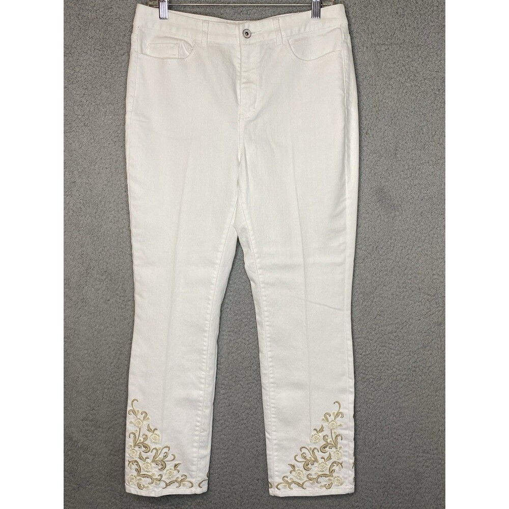 Boho Western White Jean Pants Womens Sz 8 Embroidered Ankle Classic Fit Floral